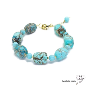 Bracelet avec jaspe océan bleu en cube et plaqué or, pierres semi-précieuses, création by Alicia 