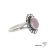 Bague quartz rose cabochon sertie sur un ovale en argent massif perlé, anneau fin, pierre naturelle, femme