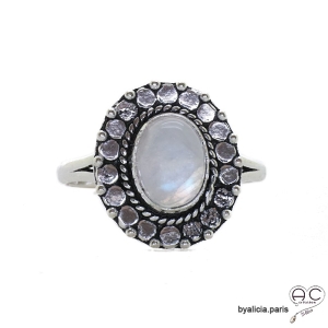 Bague pierre de lune cabochon sertie sur un ovale en argent massif perlé, anneau fin, pierre naturelle, femme