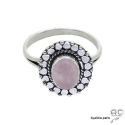 Bague quartz rose cabochon sertie sur un ovale en argent massif perlé, anneau fin, pierre naturelle, femme