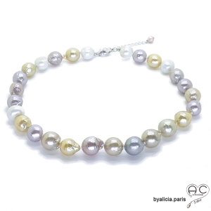Collier perles baroques naturelles couleurs passtelles, création fait main