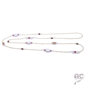 Sautoir perles naturelles rondes et plates, chaîne en plaqué or parsemé des tourmalines, grenats, fait main, création by Alicia