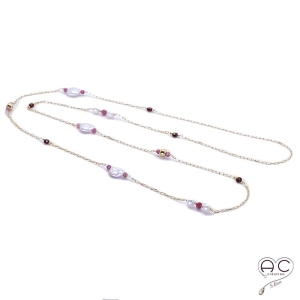 Sautoir perles naturelles rondes et plates, chaîne en plaqué or parsemé des tourmalines, grenats, fait main, création by Alicia