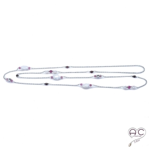 Sautoir perles naturelles rondes et plates, chaîne argent massif parsemé des tourmalines, grenats, fait main, création by Alicia