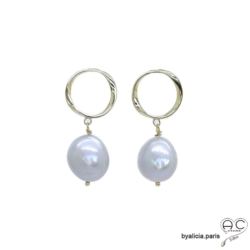 Boucles d'oreilles perles baroques naturelles grises, cercle plaqué or , création fait main