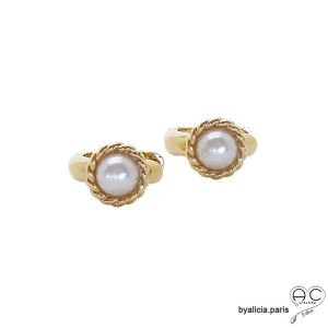 Petites créoles perles naturelles blanches, plaqué or 3 MIC, boucles d'oreilles, tendance