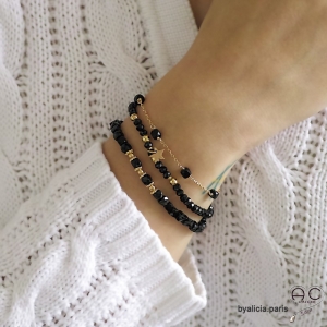 Bracelet en spinelle noire cube, pierre semi-précieuse et plaqué or, fait main, création by Alicia