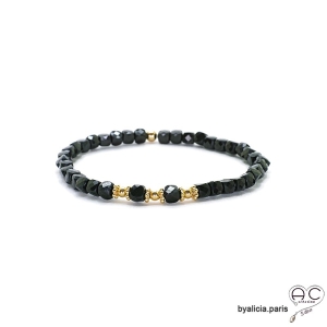 Bracelet en spinelle noire cube, pierre semi-précieuse et plaqué or, fait main, création by Alicia