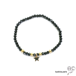 Bracelet spinelle noire et pampille étoile en plaqué or 3MIC, pierres naturelles sur élastique, fait main, création by Alicia