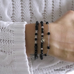 Bracelet spinelle noire et pampille étoile en argent massif, pierres naturelles sur élastique, fait main, création by Alicia