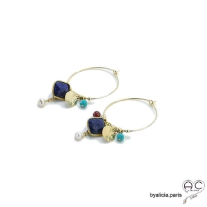 Boucles d'oreilles créoles lapis lazuli avec multiples pampilles, plaqué or et pierre naturelle, fait main, création by Alicia