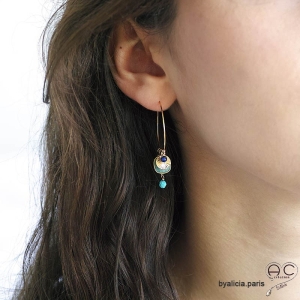 Boucles d'oreilles créoles amazonite avec multiples pampilles, plaqué or et pierre naturelle, fait main, création by Alicia