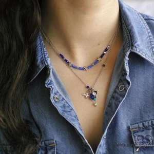 Collier lapis lazuli, pampilles en pierres naturelles, chaîne en argent massif rhodié, ras de cou, fait main, création by Alicia