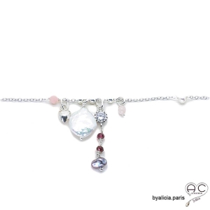 Collier perle baroque plate avec pampilles sur une chaîne en argent massif rhodié, ras de cou, fait main, création by Alicia