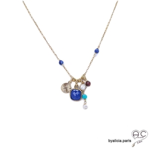 Collier lapis lazuli avec pampilles pierres naturelles, chaîne en plaqué or, ras de cou, fait main, création by Alicia