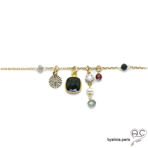 Collier onyx noir avec pampilles pierres naturelles sur une chaîne en plaqué or, ras de cou, fait main, création by Alicia