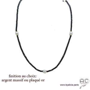 Sautoir POPPY en spinelle noire et perles de culture blanches, pierre naturelle, fait main, création by Alicia 