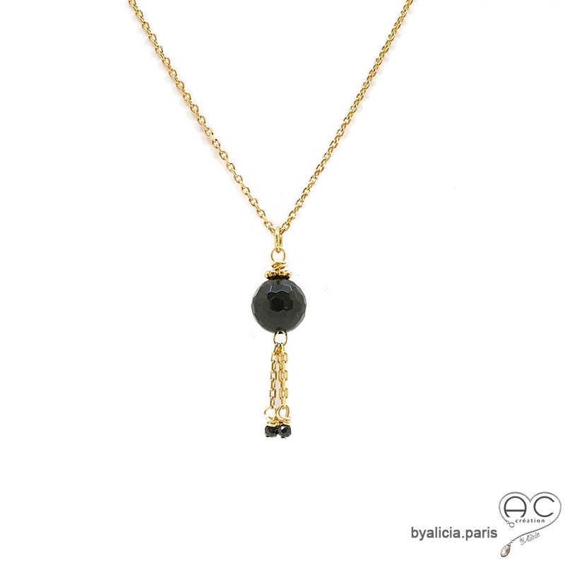 Collier, pendentif avec agate noire et pampille en chaînes plaqué or et spinelle noir, fait main, création by Alicia