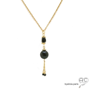 Collier, pendentif long avec agate noire et pampille en chaînes plaqué or et spinelle noir, fait main, création by Alicia