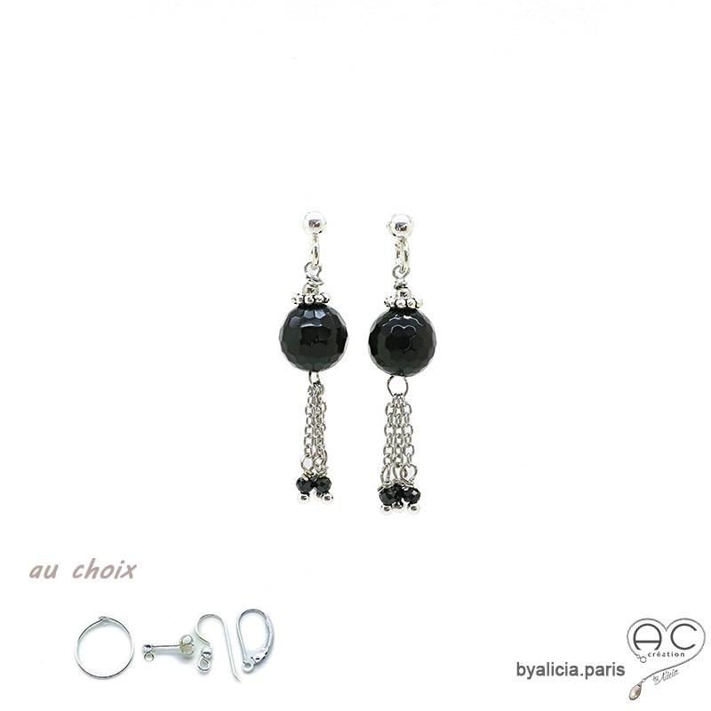 Boucles d'oreilles avec agate noire et pampille en chaînes argent massif et spinelle noir, fait main, création by Alicia