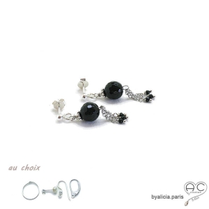 Boucles d'oreilles avec agate noire et pampille en chaînes argent massif et spinelle noir, fait main, création by Alicia