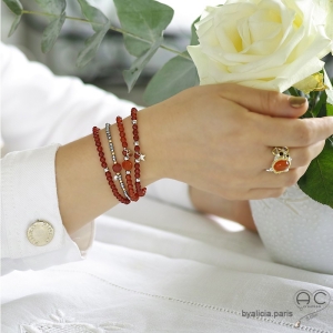 Bracelet fin cornaline et pampille étoile en argent massif, pierre naturelle orange, fait main