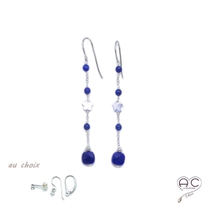 Boucles d'oreilles pierre naturelle bleu lapis lazuli sur une chaîne en argent rhodié, longues, pendantes, création by Alicia
