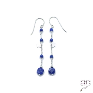 Boucles d'oreilles pierre naturelle bleu lapis lazuli sur une chaîne en argent rhodié, longues, pendantes, création by Alicia