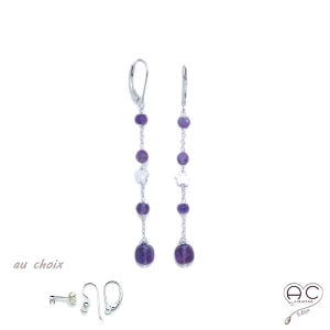 Boucles d'oreilles pierre naturelle améthyste violet sur une chaîne en argent rhodié, longues, pendantes, création by Alicia