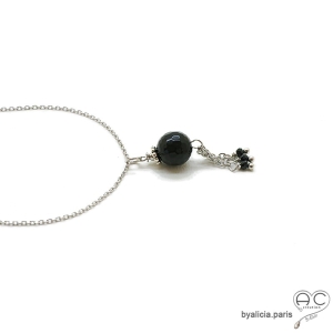 Collier, pendentif avec agate noire et pampille en chaînes argent massif rhodié et spinelle noir, fait main, création by Alicia