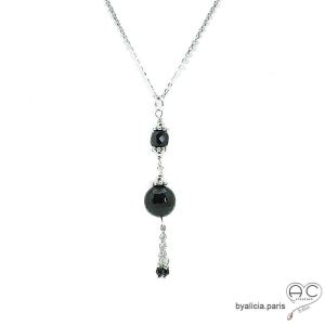 Collier, pendentif long avec agate noire et pampille en chaînes argent massif et spinelle noir, fait main, création by Alicia