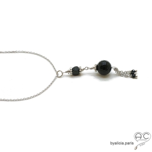 Collier, pendentif long avec agate noire et pampille en chaînes argent massif et spinelle noir, fait main, création by Alicia