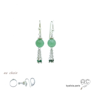 Boucles d'oreilles avec agate verte et pampille en chaînes argent massif, fait main, création by Alicia