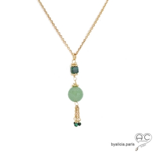 Collier, pendentif long avec agate verte et pampille en chaînes plaqué or, fait main, création by Alicia