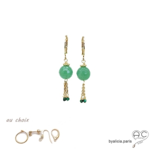 Boucles d'oreilles avec agate verte et pampille en chaînes plaqué or, fait main, création by Alicia