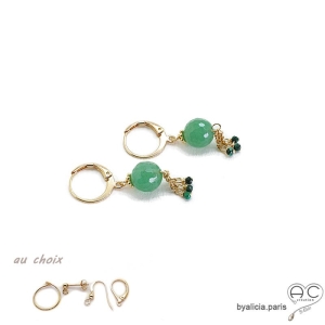 Boucles d'oreilles avec agate verte et pampille en chaînes plaqué or, fait main, création by Alicia