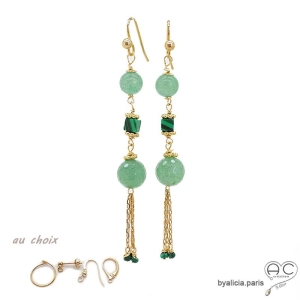 Boucles d'oreilles longues avec agate verte et pampille en chaînes plaqué or, fait main, création by Alicia