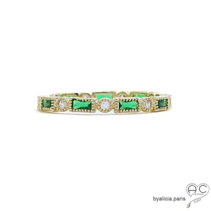 Bague zirconium vert et blanc sertie sur anneau fin plaqué or 3 MIC tour complet, empilable