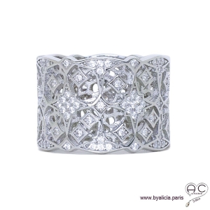 Bague dentelle anneau large serti de zirconium brillant, argent 925 rhodié, joaillerie, femme 