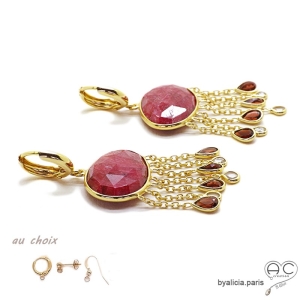 Boucles d'oreilles en rubis avec diamants Polki et grenats, pierres fines, uniques, longues, argent massif doré à l'or fin 18K 