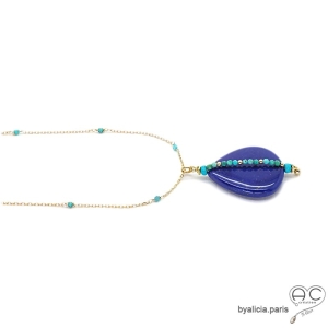 Pendentif lapis lazuli et turquoise, plaqué or, piece unique, fait main, création by Alicia, bohème chic