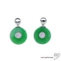 Boucles d\'oreilles rondes en jade et argent massif 925 sertis de zircon, inspiration Art Déco, joaillerie,  femme
