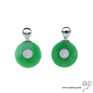 Boucles d'oreilles rondes en jade et argent massif 925 sertis de zircon, inspiration Art Déco, joaillerie,  femme
