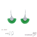 Boucles d\'oreilles éventail en jade et argent massif 925 sertis de zircon, inspiration Art Déco, joaillerie,  femme