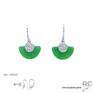 Boucles d'oreilles éventail en jade et argent massif 925 sertis de zircon, inspiration Art Déco, joaillerie, femme