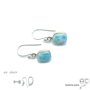 Boucles d'oreilles avec larimar, argent massif, pierre semi-précieuse bleue, pendantes