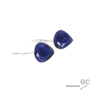 Boucles d'oreilles avec indian saphir, argent massif, pierre semi-précieuse bleue, pendantes
