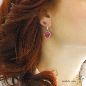 Boucles d'oreilles indian rubis, puces, clous, pierre naturelle rouge et argent massif, petites