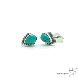 Boucles d'oreilles turquoise, puces, clous, pierre naturelle et argent massif, petites