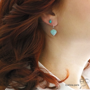 Boucles d'oreilles avec amazonite, argent massif, pierre semi-précieuse vert-bleu, pendantes